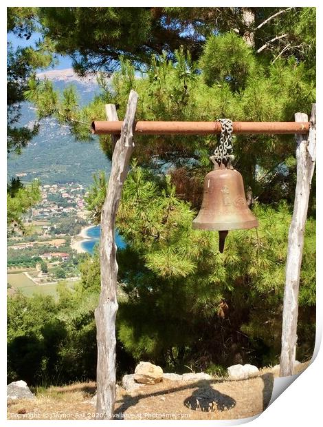 The bell of the monastery above Sami , Kefalonia Print by Gaynor Ball