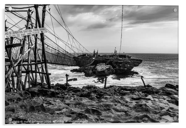 Rope foot bridge from plateau to rock island Acrylic by Hanif Setiawan