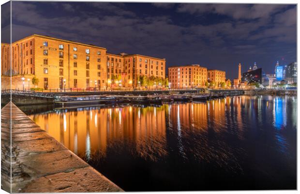 Salthouse Dock, Liverpool at Night and Royal Albert Dock Buildings Canvas Print by Dave Wood
