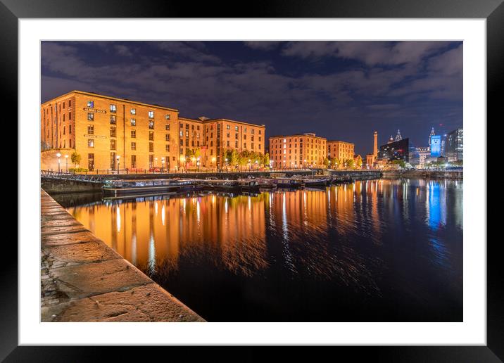Salthouse Dock, Liverpool at Night and Royal Albert Dock Buildings Framed Mounted Print by Dave Wood