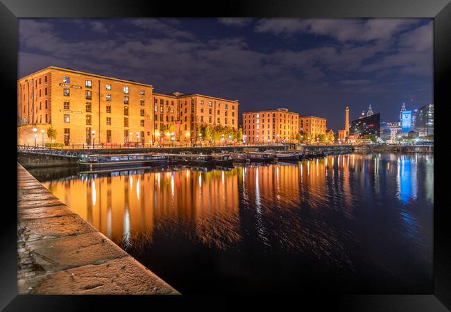 Salthouse Dock, Liverpool at Night and Royal Albert Dock Buildings Framed Print by Dave Wood