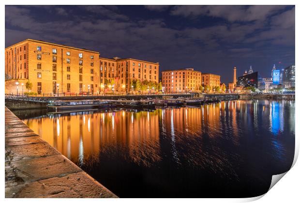 Salthouse Dock, Liverpool at Night and Royal Albert Dock Buildings Print by Dave Wood