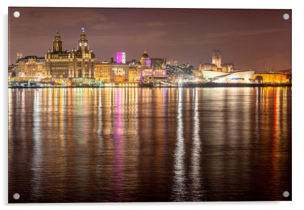 Liverpool waterfront at night and lighting on the River Mersey Acrylic by Dave Wood