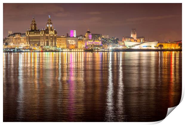 Liverpool waterfront at night and lighting on the River Mersey Print by Dave Wood