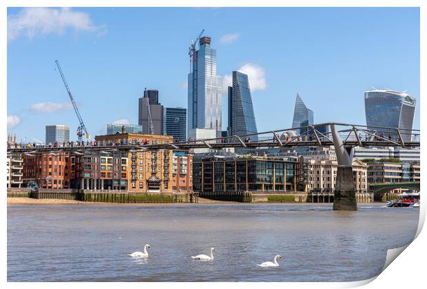 Swans on the River Thames and London Skyline Print by Dave Wood