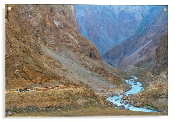 Mountain landscape along the river border of Tajikistan and Afg Acrylic by Tartalja 