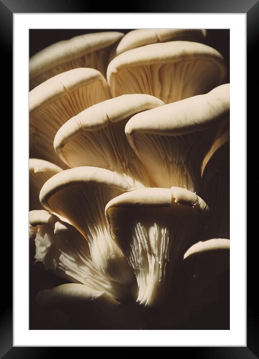 Oyster mushrooms on a dark background, fresh food ingredient Framed Mounted Print by Tartalja 
