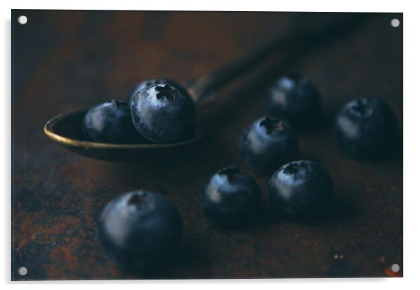 Fresh blueberry in a teaspoon on a rough surface Acrylic by Tartalja 