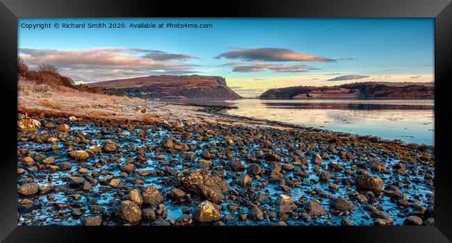 An un-named burn flows into Loch Portree. Framed Print by Richard Smith