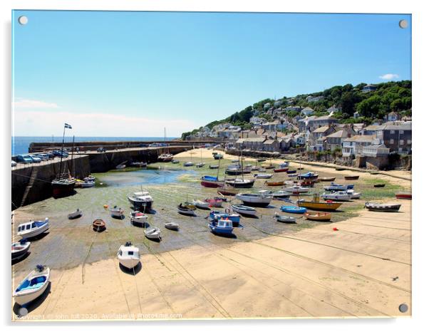 Mousehole harbour at low tide in Cornwall. Acrylic by john hill