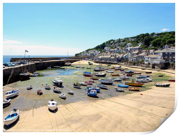 Mousehole harbour at low tide in Cornwall. Print by john hill