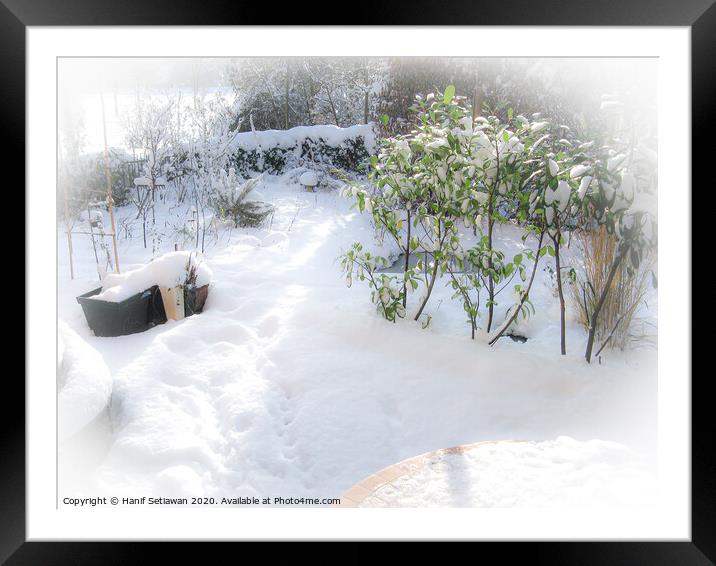 Fresh snow with deep foot prints in sunny garden Framed Mounted Print by Hanif Setiawan