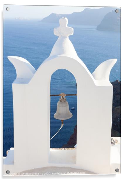 White bell tower at Oia, Santorini, Greece. Acrylic by Antonio Gravante