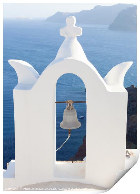 White bell tower at Oia, Santorini, Greece. Print by Antonio Gravante
