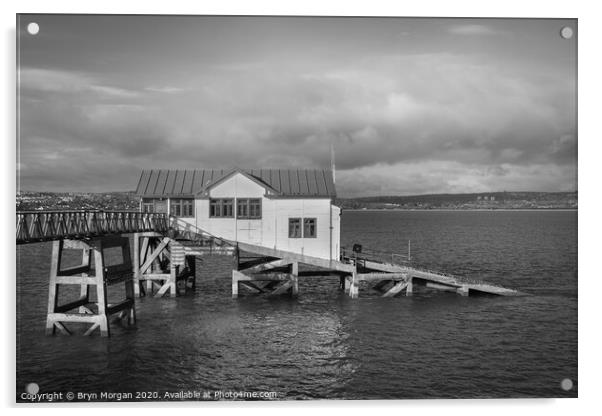 The old lifeboat house at Mumbles pier, black and white Acrylic by Bryn Morgan