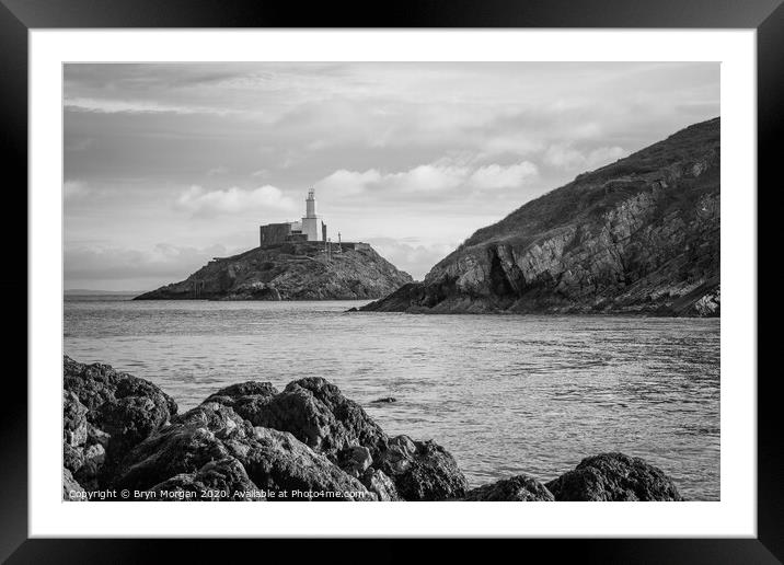 Mumbles lighthouse, black and white Framed Mounted Print by Bryn Morgan