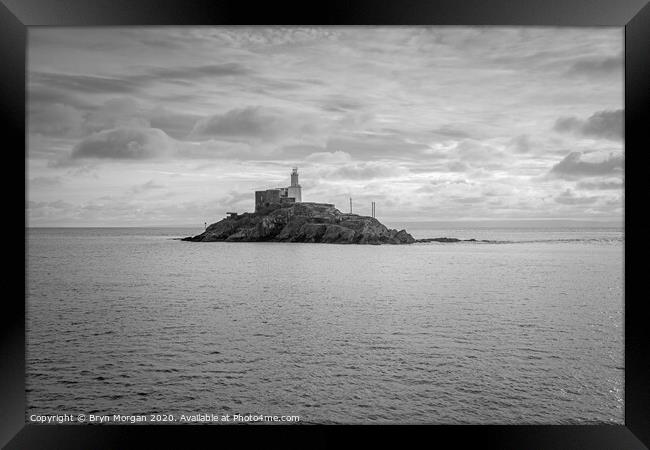 Mumbles lighthouse, black and white Framed Print by Bryn Morgan