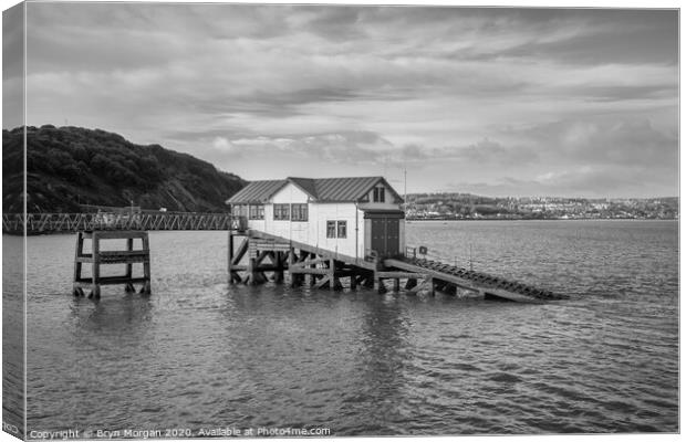 The old lifeboat house at Mumbles pier, black and white Canvas Print by Bryn Morgan