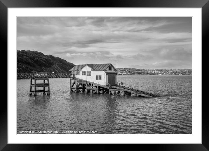 The old lifeboat house at Mumbles pier, black and white Framed Mounted Print by Bryn Morgan