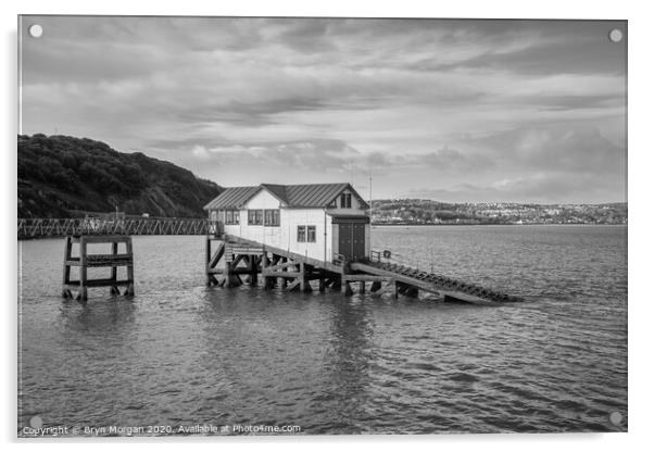 The old lifeboat house at Mumbles pier, black and white Acrylic by Bryn Morgan