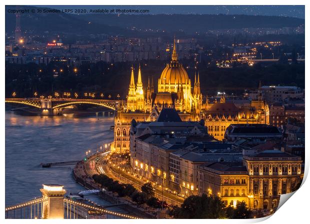 Night  shot of Hungarian Parliament Building, Chai Print by Jo Sowden