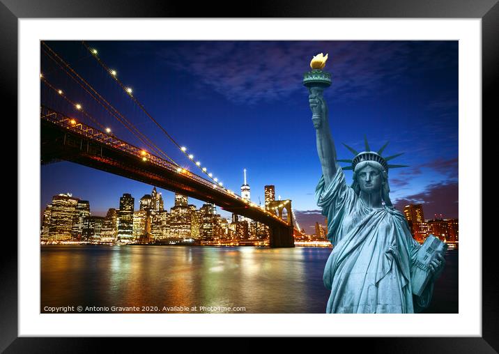 New york city skyline with Liberty Statue Framed Mounted Print by Antonio Gravante