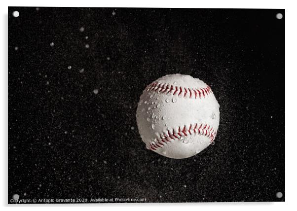 Baseball ball flying in the rain. Acrylic by Antonio Gravante