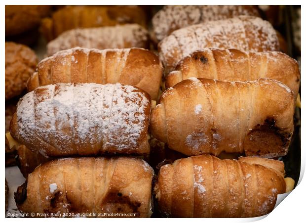 Pile of Pain au Chocolats for sale in a bakery in Trastevere, Ro Print by Frank Bach