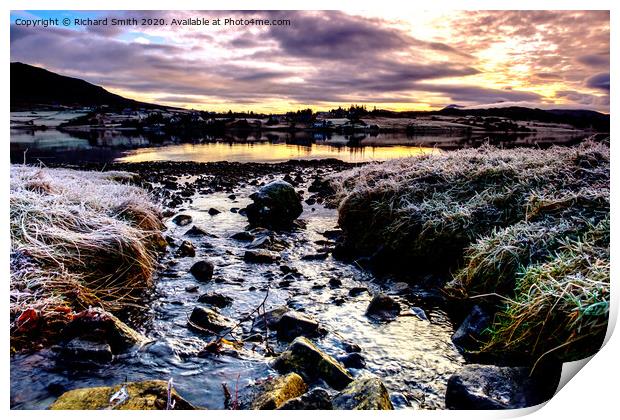 A burn flowing into Loch Portree on a freezing December day. Print by Richard Smith