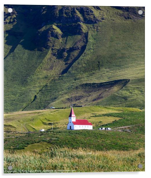Church on a hill in Vik, southern Iceland Acrylic by Pere Sanz