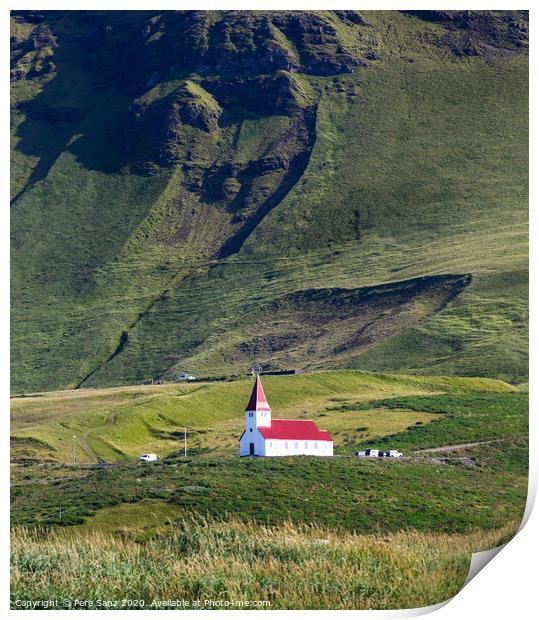 Church on a hill in Vik, southern Iceland Print by Pere Sanz