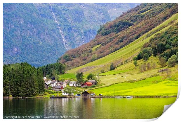 Small village at the banks of the Aurlandsfjord in Norway Print by Pere Sanz