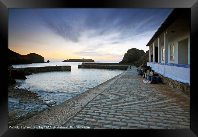 Mullion Cove Pier Framed Print by Andrew Ray