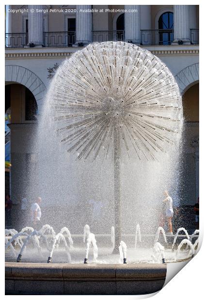 A beautiful city fountain in the shape of a huge dandelion refreshes passers-by against the background of the arched-column facade of the Kyiv City Conservatory. Print by Sergii Petruk