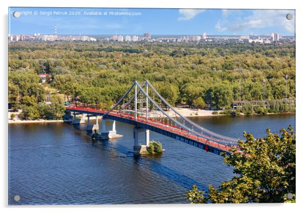 Pedestrian park bridge over the Dnipro river in Kyiv on a sunny summer day. Acrylic by Sergii Petruk