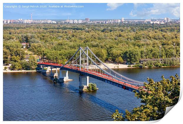 Pedestrian park bridge over the Dnipro river in Kyiv on a sunny summer day. Print by Sergii Petruk