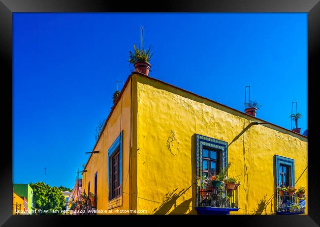 Yellow Colorful Building Shopping Street Puebla Mexico Framed Print by William Perry
