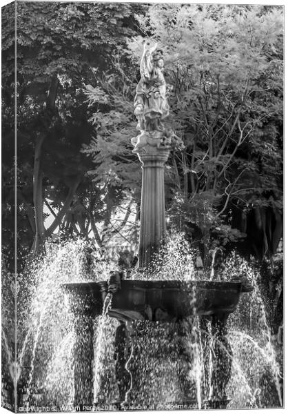 Black and White Arcangel Fountain Zocalo Park Plaza Puebla Mexic Canvas Print by William Perry
