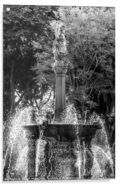 Black and White Arcangel Fountain Zocalo Park Plaza Puebla Mexic Acrylic by William Perry
