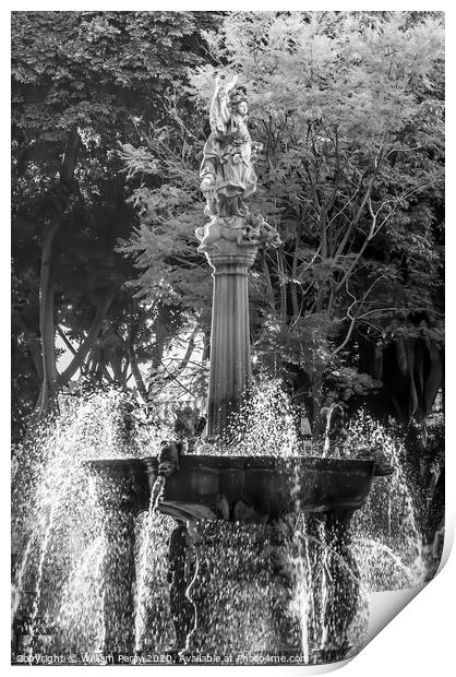 Black and White Arcangel Fountain Zocalo Park Plaza Puebla Mexic Print by William Perry