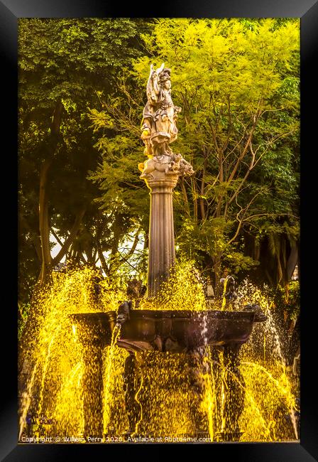 Arcangel Fountain Zocalo Park Plaza Sunset Puebla Mexico Framed Print by William Perry