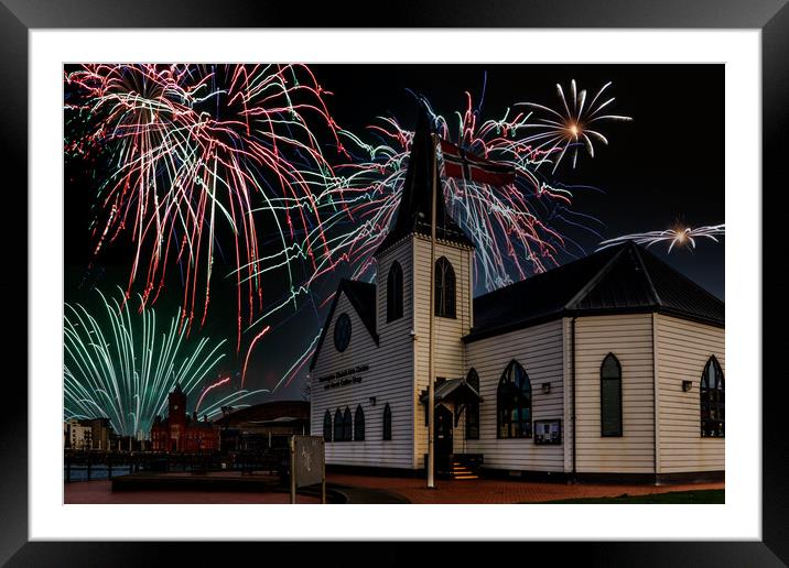Fireworks Over The Norwegian Church Framed Mounted Print by Steve Purnell