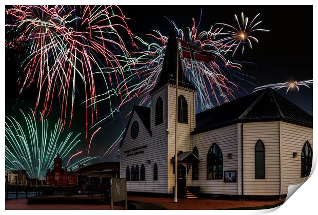 Fireworks Over The Norwegian Church Print by Steve Purnell