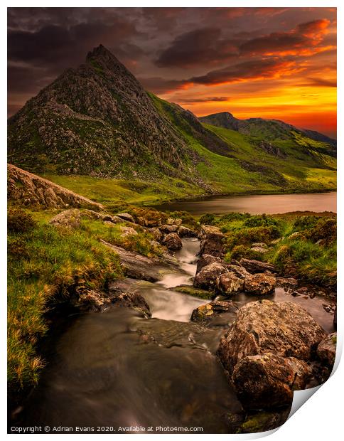 Llyn Ogwen And Tryfan Mountain Snowdonia  Print by Adrian Evans