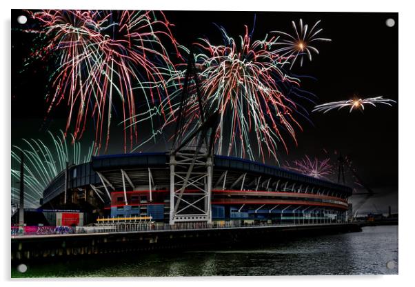 Fireworks Over The Principality Stadium Acrylic by Steve Purnell