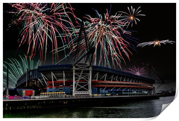Fireworks Over The Principality Stadium Print by Steve Purnell