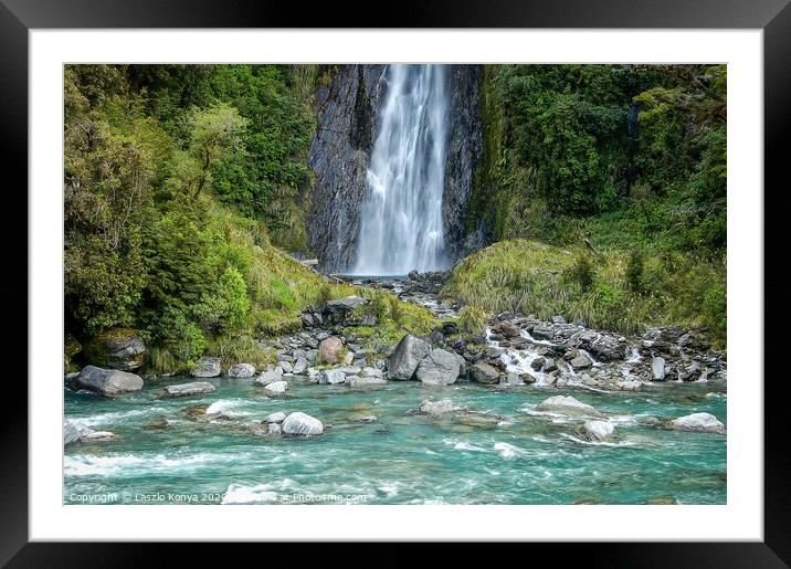 Thunder Creek Falls - Otago Framed Mounted Print by Laszlo Konya