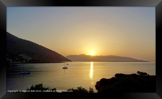 Sunrise over Ithaka from Agia Efimia  Framed Print by Gaynor Ball