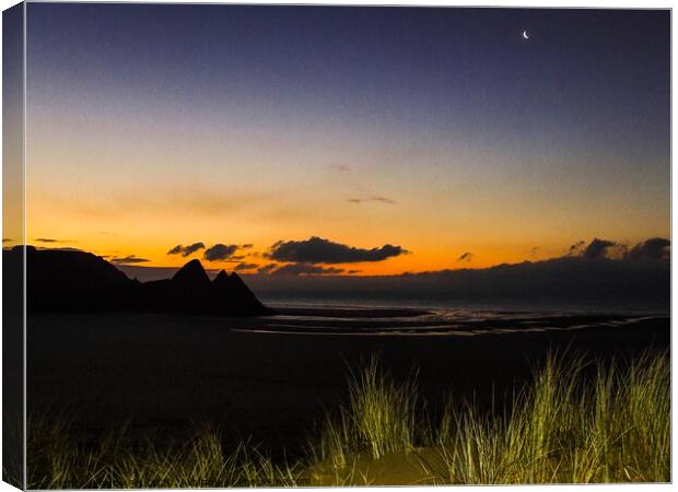 Three Cliffs Bay with Waning Crescent Canvas Print by Paddy Art