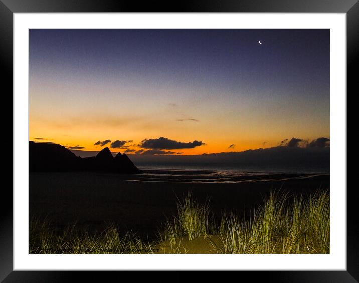 Three Cliffs Bay with Waning Crescent Framed Mounted Print by Paddy Art